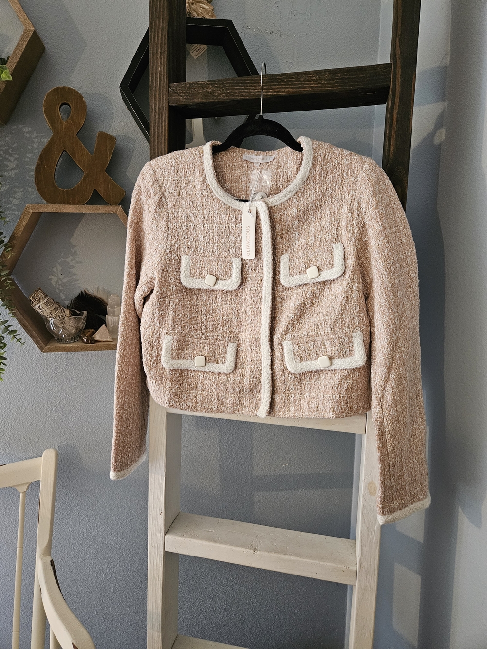 Olivaceous Blush Pink Tweed Cropped Pocket Blazer- Medium